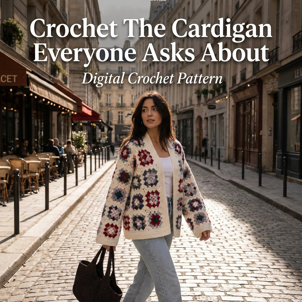 Granny Square Cardigan Crochet Pattern — Cream Oversized Cardigan with Bell Sleeves, Sizes XS–3XL, US Terms, PDF Download