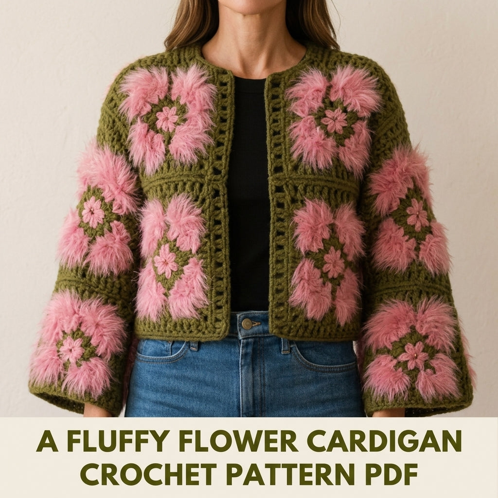 Fluffy Flower Granny Cardigan Crochet Pattern PDF – Boxy Granny Square Jacket