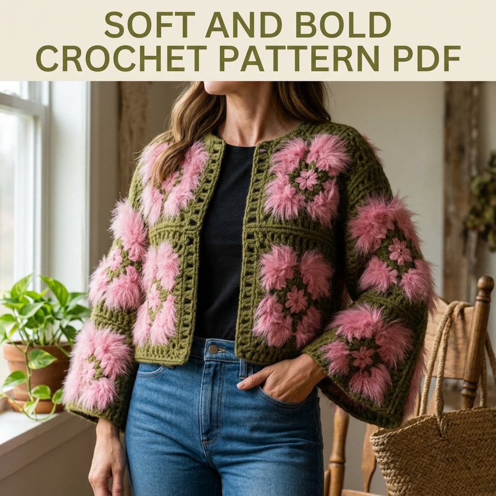 Fluffy Flower Granny Cardigan Crochet Pattern PDF – Boxy Granny Square Jacket