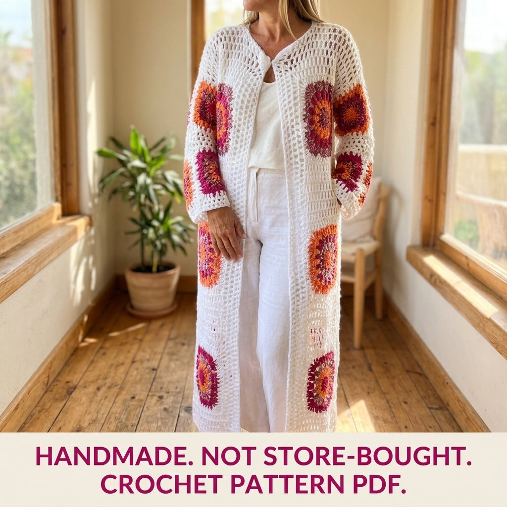 Long Granny Square Duster Crochet Pattern PDF – Boho Maxi Cardigan
