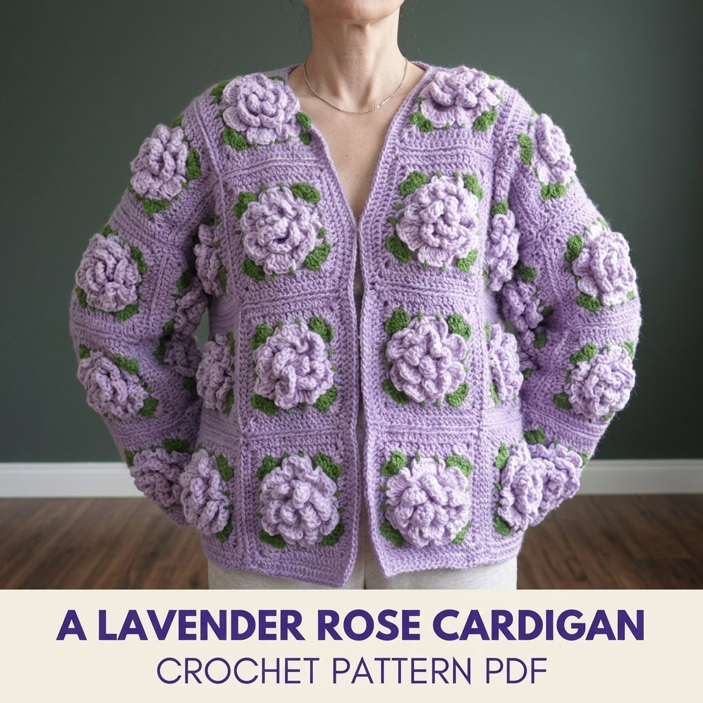 Lavender Rose Square Cardigan Crochet Pattern PDF – 3D Rose Granny Cardigan