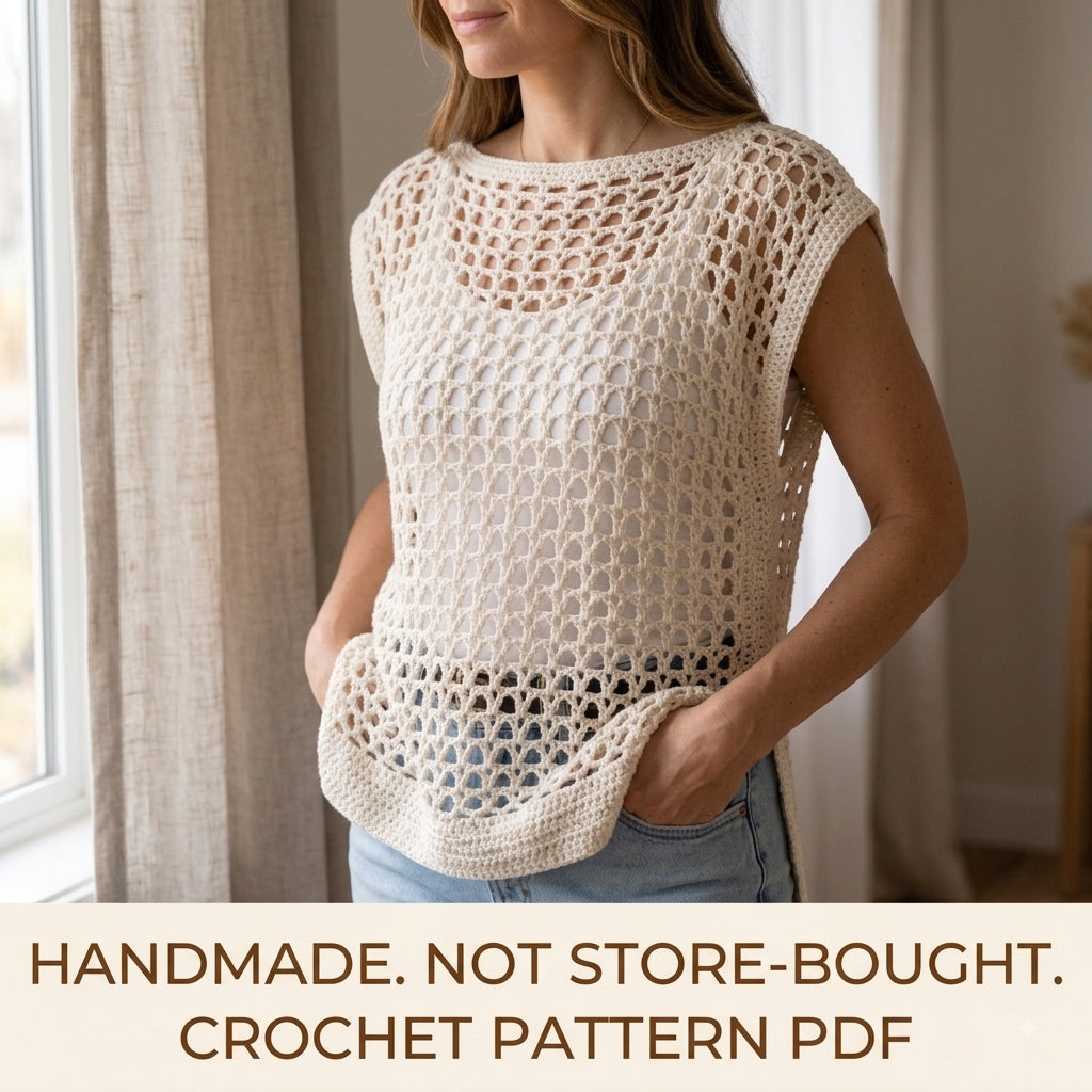 Lace Beach Cover-Up Crochet Pattern PDF – Boxy Mesh Tunic with Side Slits