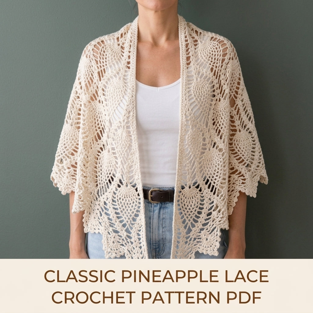 Pineapple Lace Shawl Crochet Pattern PDF – Classic Lace Wrap with Pointed Scalloped Edge