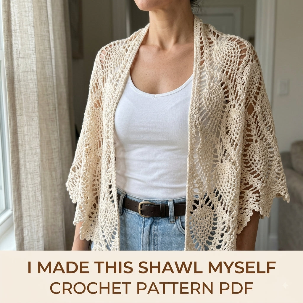 Pineapple Lace Shawl Crochet Pattern PDF – Classic Lace Wrap with Pointed Scalloped Edge