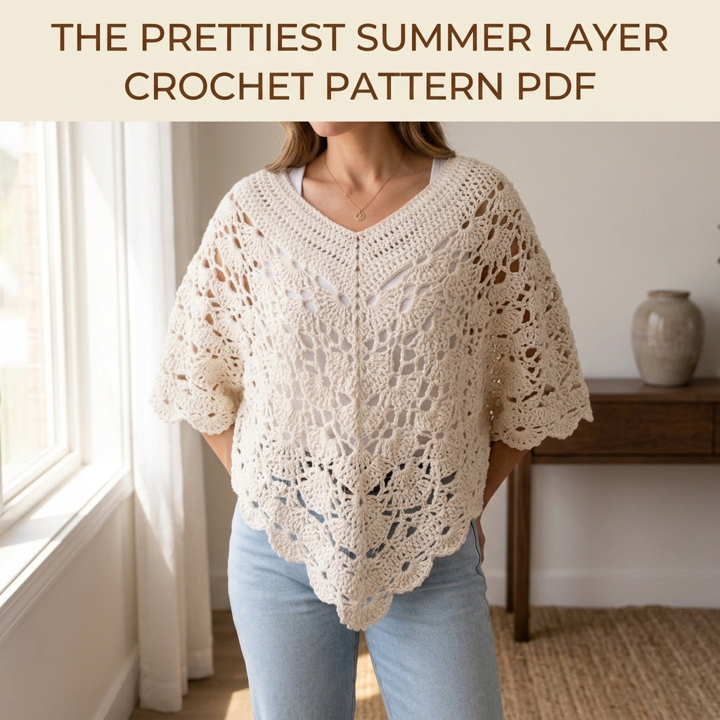 Lace Poncho Crochet Pattern PDF – V-Neck Fan Lace Poncho with Scalloped Hem