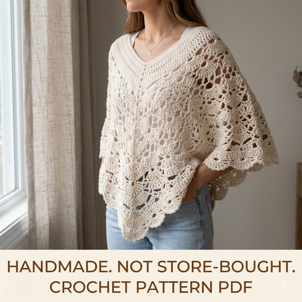 Lace Poncho Crochet Pattern PDF – V-Neck Fan Lace Poncho with Scalloped Hem