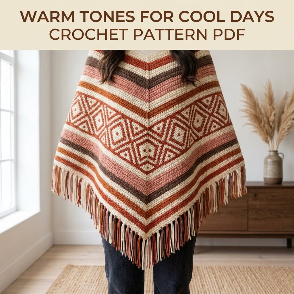 Terracotta Diamond Poncho Crochet Pattern PDF – Boho Fringe Poncho with Mosaic Colourwork Band