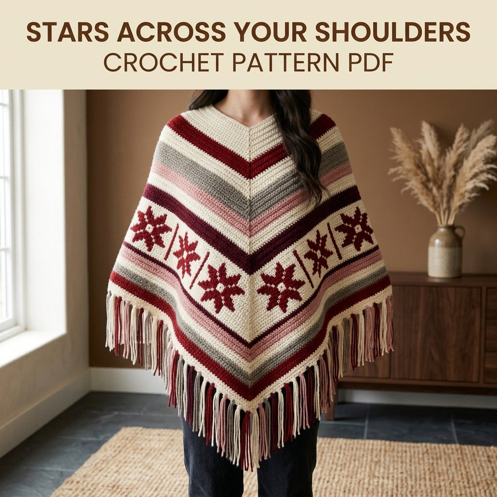 Burgundy Star Poncho Crochet Pattern PDF – Boho Fringe Poncho with Colourwork Band
