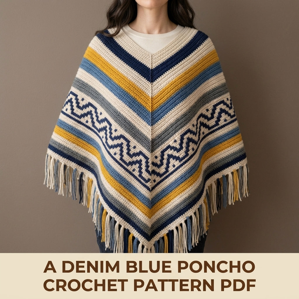 Denim Zigzag Poncho Crochet Pattern PDF – Boho Fringe Poncho with Colourwork Band