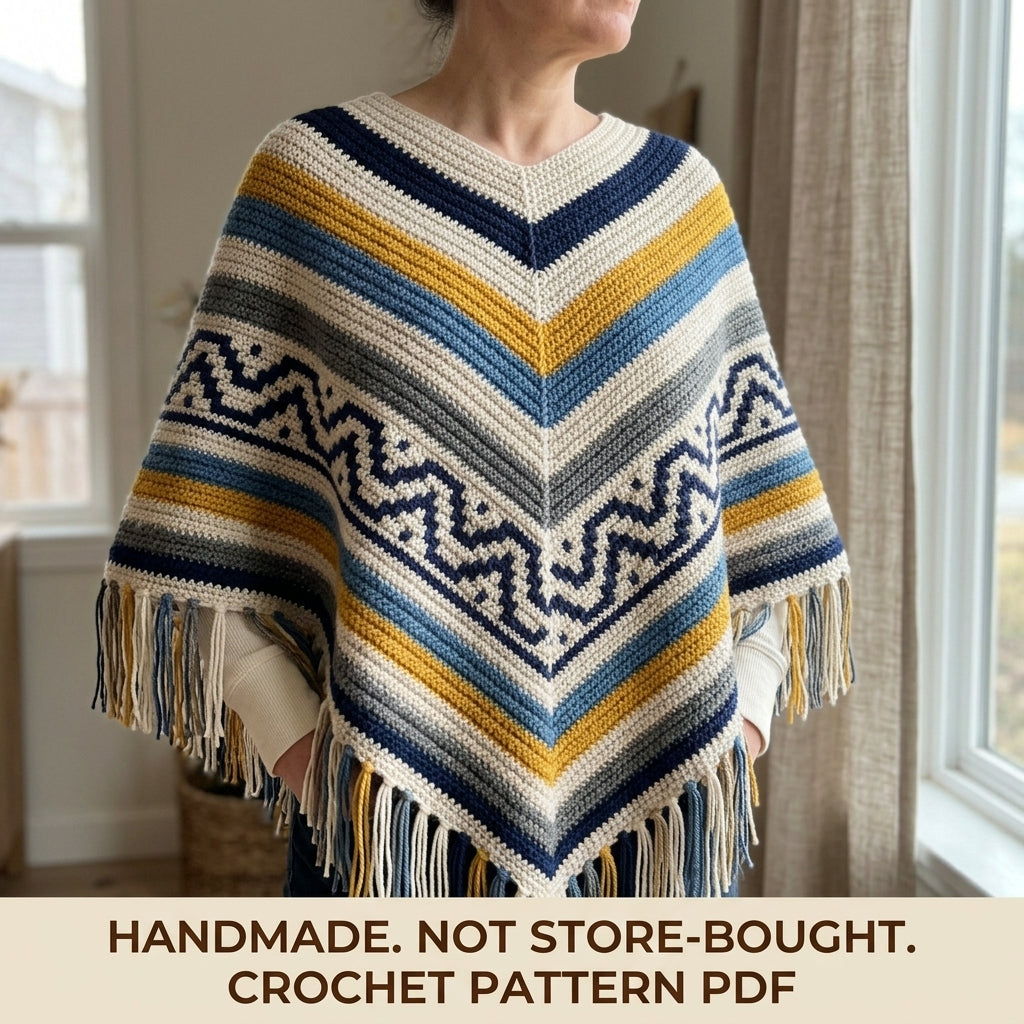 Denim Zigzag Poncho Crochet Pattern PDF – Boho Fringe Poncho with Colourwork Band