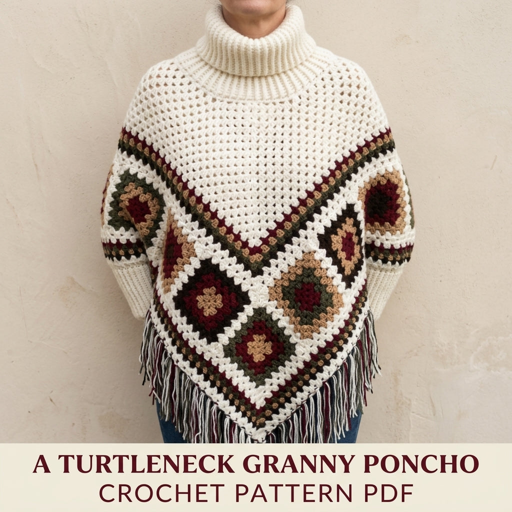 Turtleneck Granny Poncho Crochet Pattern PDF – Women's Poncho with Sleeves and Fringe