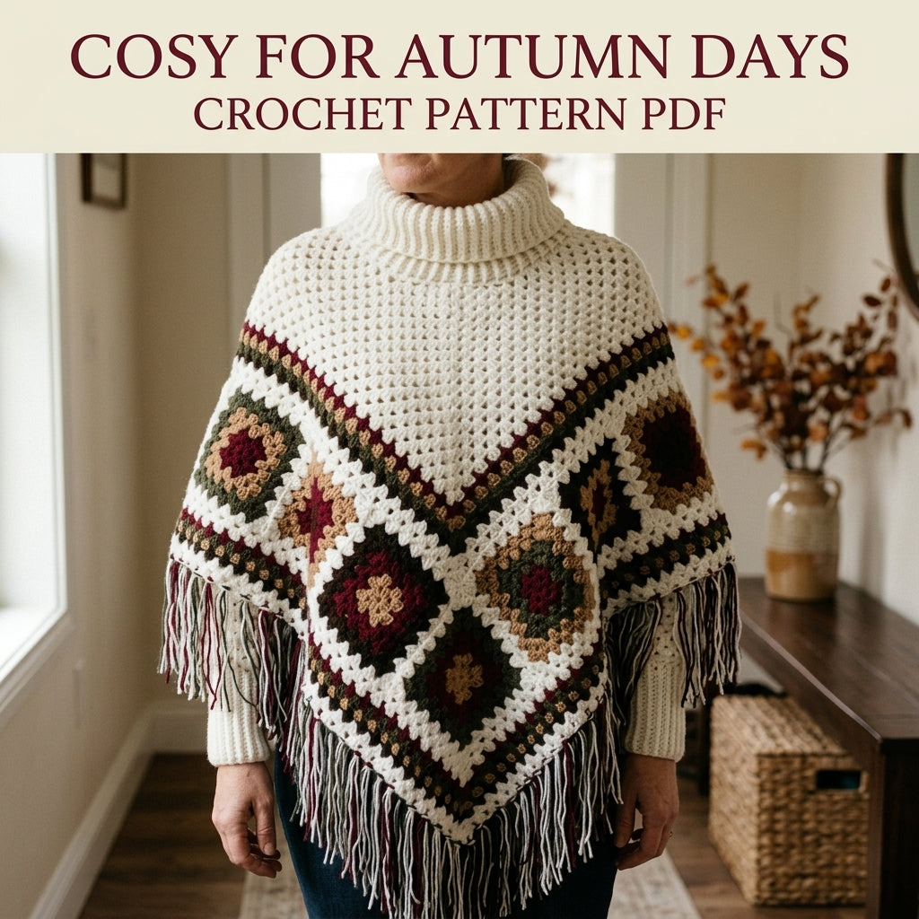 Turtleneck Granny Poncho Crochet Pattern PDF – Women's Poncho with Sleeves and Fringe