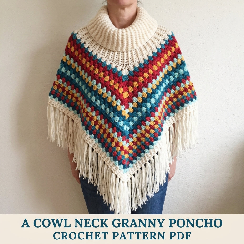 Cowl Neck Granny Stripe Poncho Crochet Pattern PDF – Easy Fringe Poncho