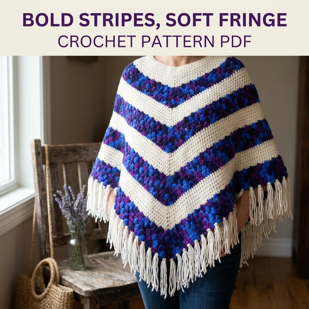 Purple Chevron Poncho Crochet Pattern PDF – Purple and Cream Fringe Poncho
