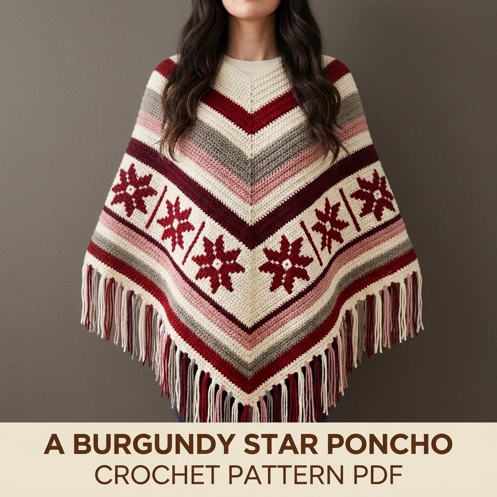 Burgundy Star Poncho Crochet Pattern PDF – Boho Fringe Poncho with Colourwork Band