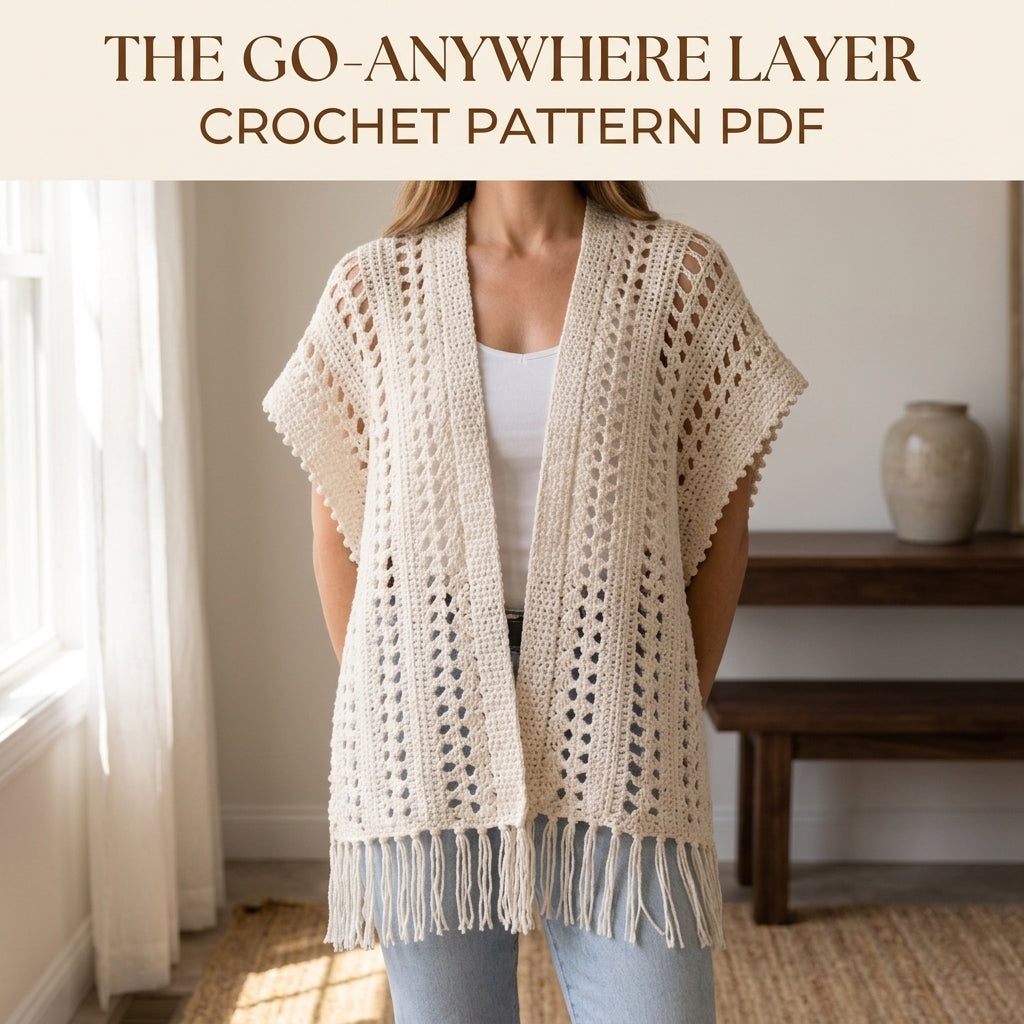 Lace Ruana Wrap Crochet Pattern PDF – Open Front Lace Wrap with Fringe