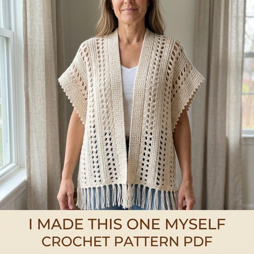 Lace Ruana Wrap Crochet Pattern PDF – Open Front Lace Wrap with Fringe