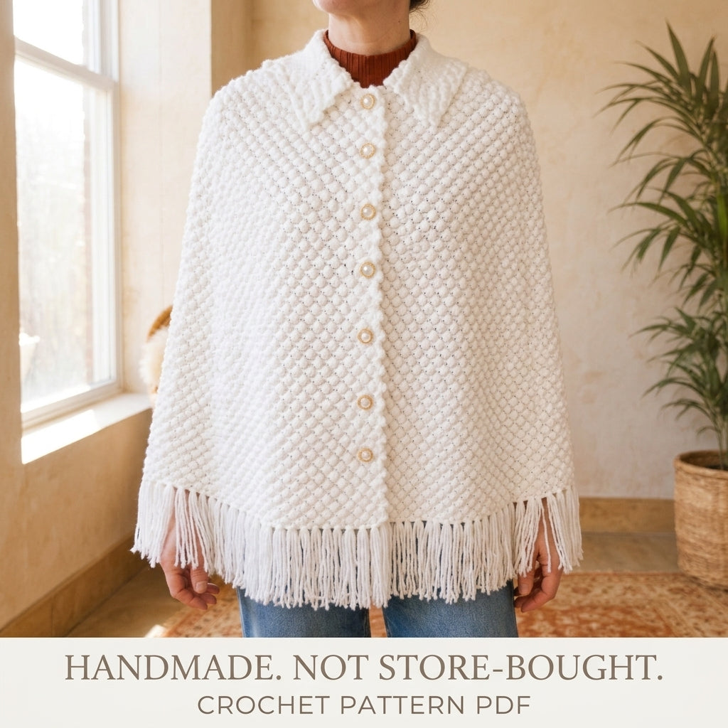 White Bobble Cape Crochet Pattern PDF – Button Front Cape with Collar and Fringe