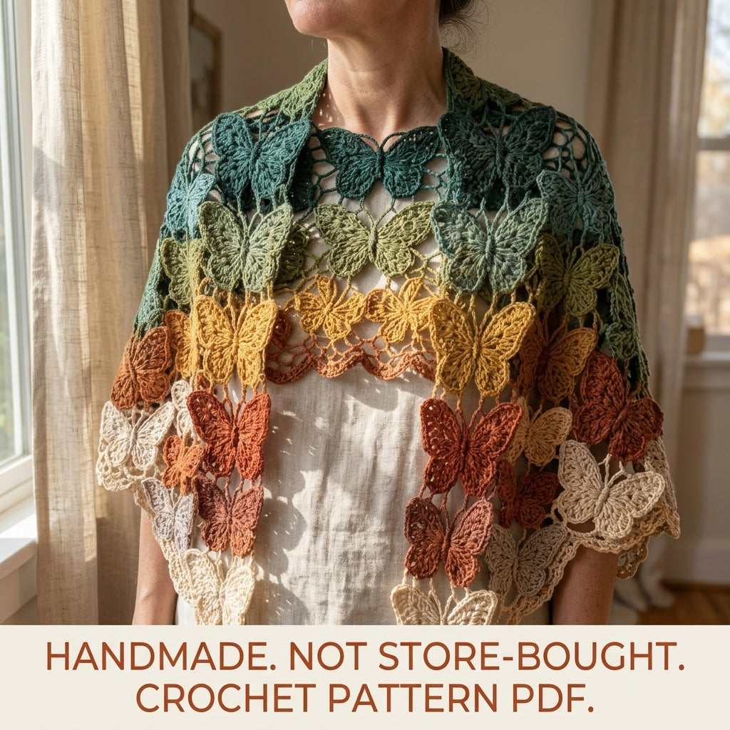 Autumn Butterfly Wrap Crochet Pattern PDF – Ombré Joined Butterfly Shawl