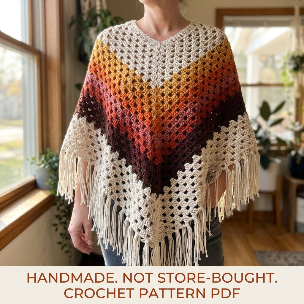Autumn Ombré Granny Stitch Poncho Crochet Pattern PDF – Autumn Ombré Poncho with Fringe
