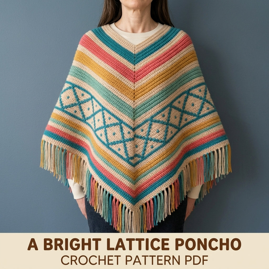 Coastal Lattice Poncho Crochet Pattern PDF – Boho Fringe Poncho with Mosaic Colourwork Band