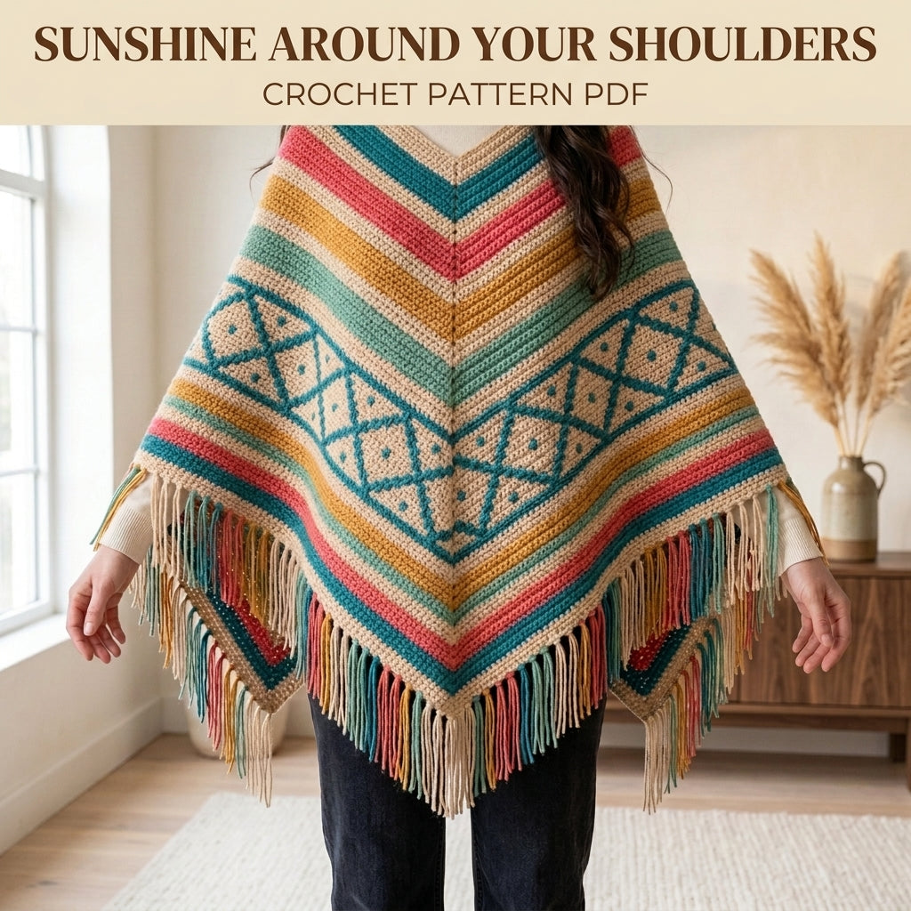 Coastal Lattice Poncho Crochet Pattern PDF – Boho Fringe Poncho with Mosaic Colourwork Band
