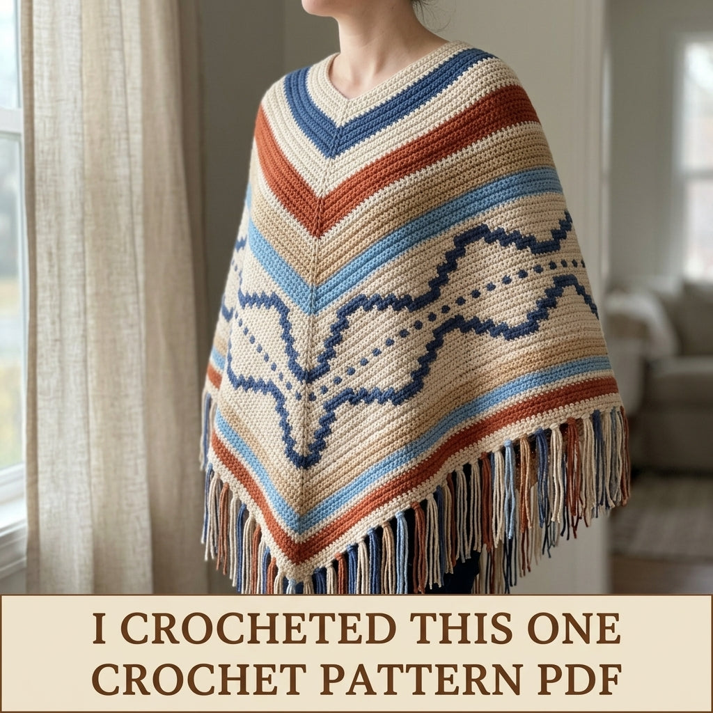 Desert Wave Poncho Crochet Pattern PDF – Boho Fringe Poncho with Mosaic Colourwork Band