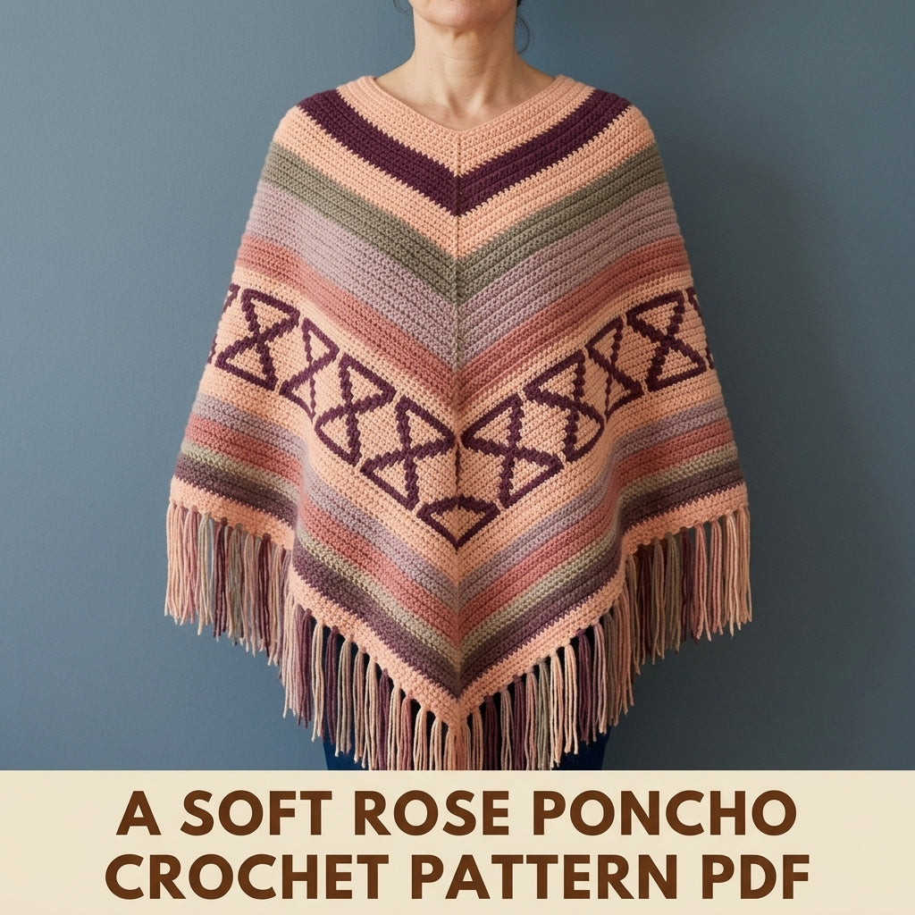Hourglass Rose Poncho Crochet Pattern PDF – Boho Fringe Poncho with Colourwork Band