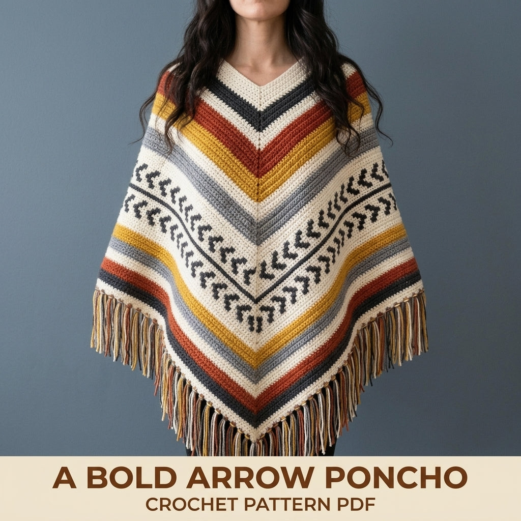 Arrow Stripe Poncho Crochet Pattern PDF – Boho Fringe Poncho with Colourwork Band