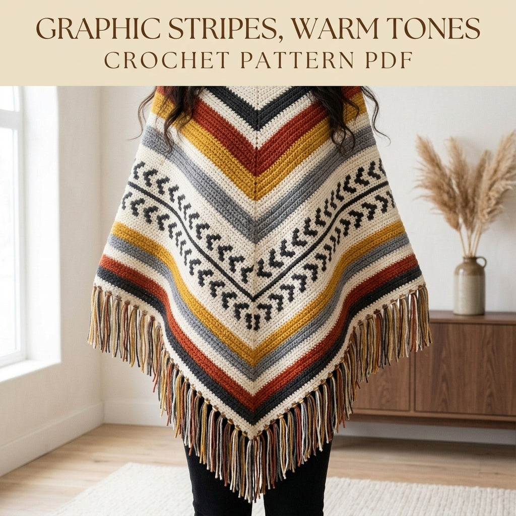 Arrow Stripe Poncho Crochet Pattern PDF – Boho Fringe Poncho with Colourwork Band