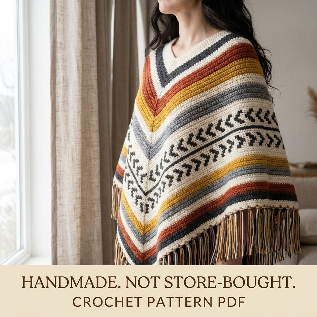 Arrow Stripe Poncho Crochet Pattern PDF – Boho Fringe Poncho with Colourwork Band