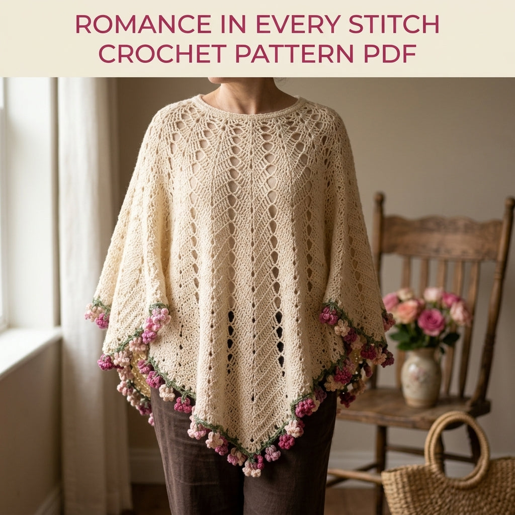Lace Poncho with Flower Edge Crochet Pattern PDF – Romantic Lace Poncho