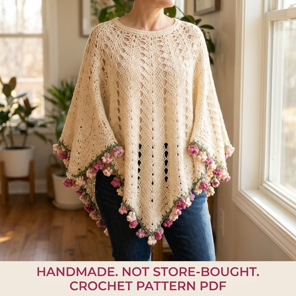 Lace Poncho with Flower Edge Crochet Pattern PDF – Romantic Lace Poncho