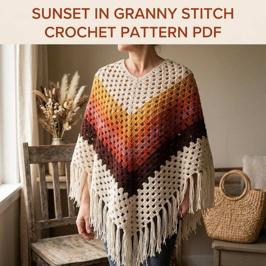 Autumn Ombré Granny Stitch Poncho Crochet Pattern PDF – Autumn Ombré Poncho with Fringe