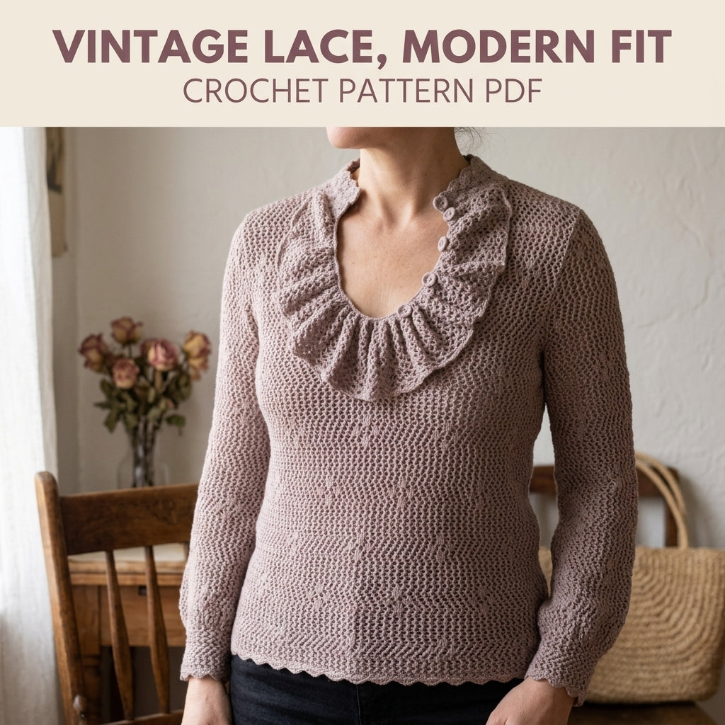 Mauve Lace Sweater Crochet Pattern PDF – Ruffle Collar Vintage Pullover
