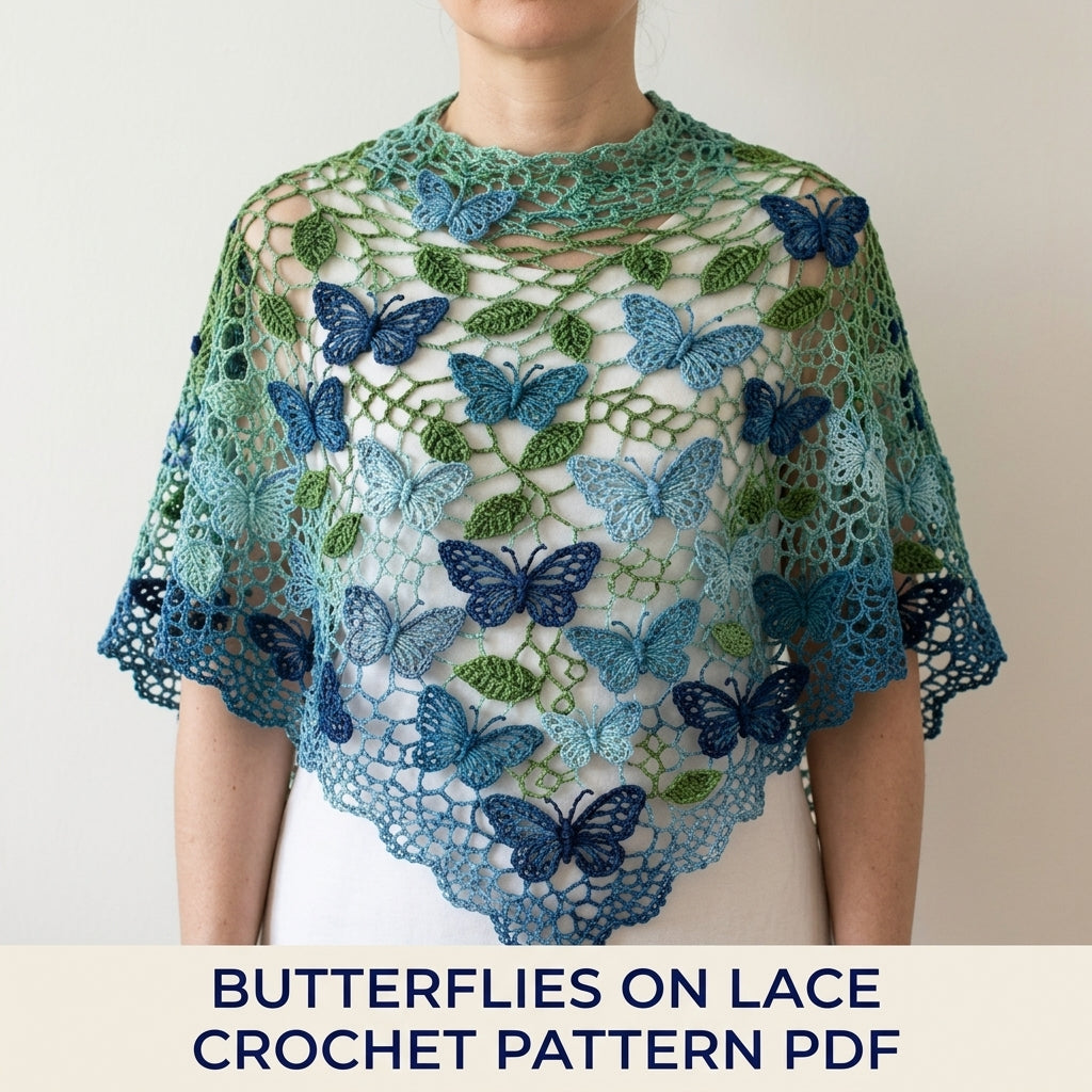 Butterfly Shawl Crochet Pattern PDF – Lace Net Shawl with Butterflies and Leaves