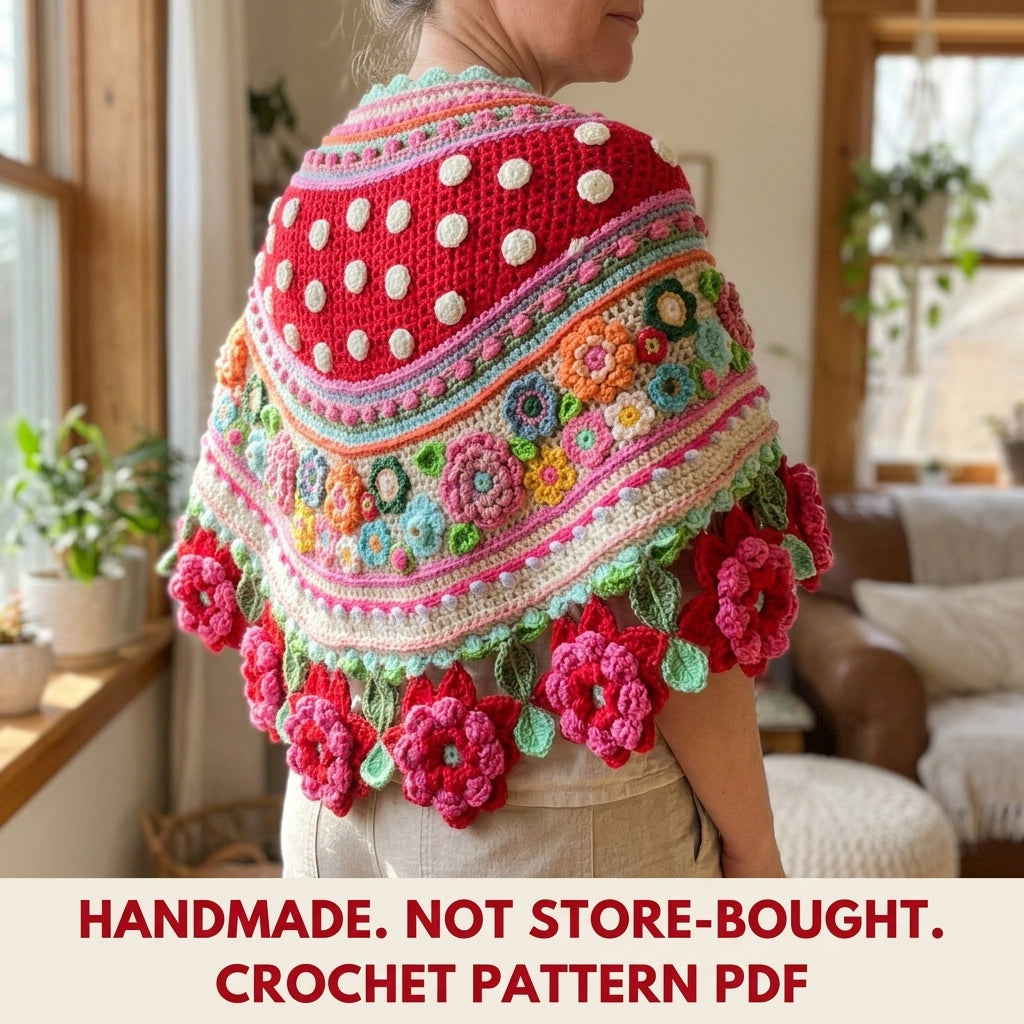 Polka Dot Rose Shawl Crochet Pattern PDF – Crescent Shawl with 3D Roses