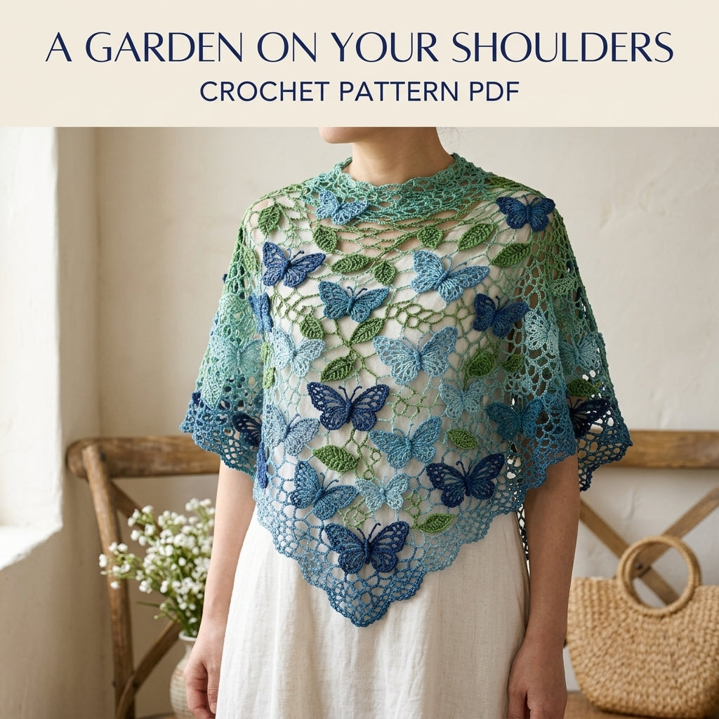 Butterfly Shawl Crochet Pattern PDF – Lace Net Shawl with Butterflies and Leaves