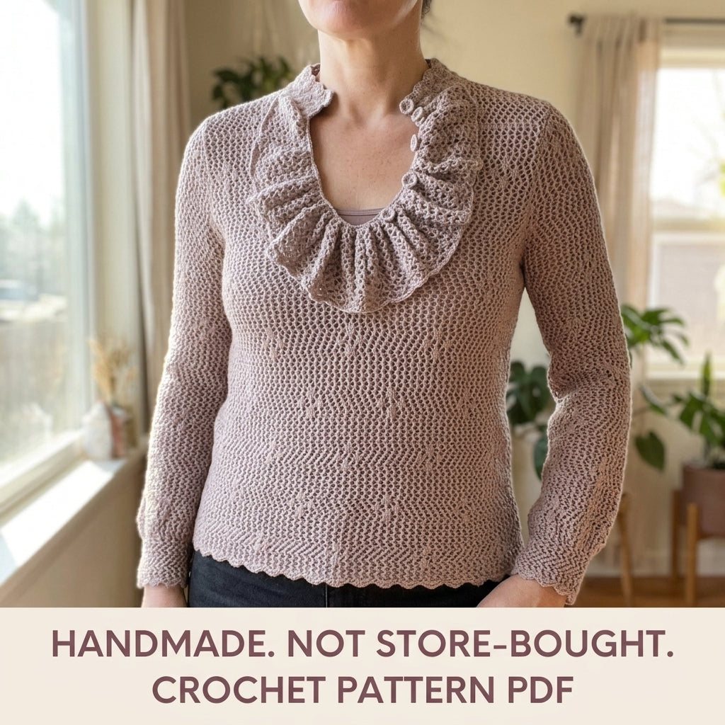 Mauve Lace Sweater Crochet Pattern PDF – Ruffle Collar Vintage Pullover