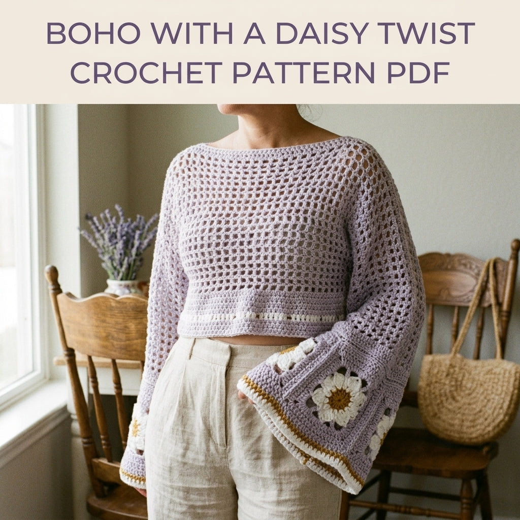 Bell Sleeve Top Crochet Pattern PDF – Lilac Mesh Crop Top with Daisy Squares