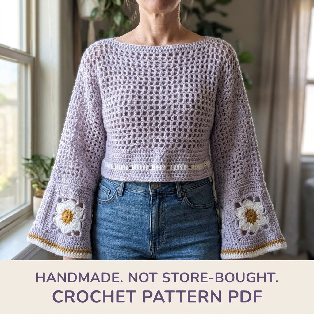 Bell Sleeve Top Crochet Pattern PDF – Lilac Mesh Crop Top with Daisy Squares