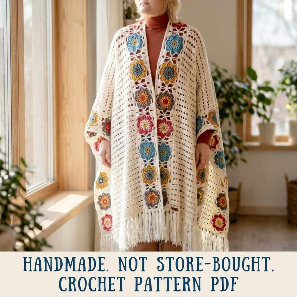 Flower Edge Mesh Wrap Crochet Pattern PDF – Granny Flower Shawl Cape