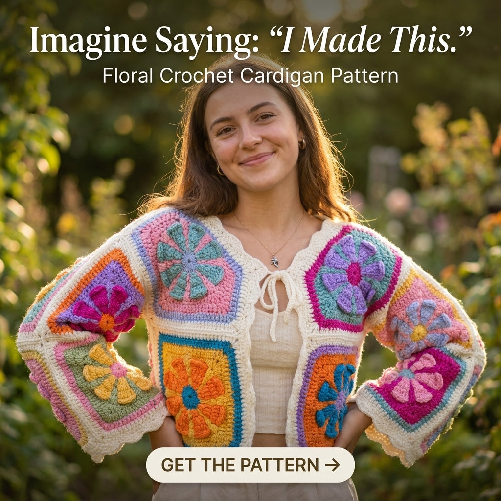 Floral Granny Square Cardigan Crochet Pattern | Cropped Patchwork Cardigan with Cream Border | Sizes XS–[XX] | PDF Instant Download