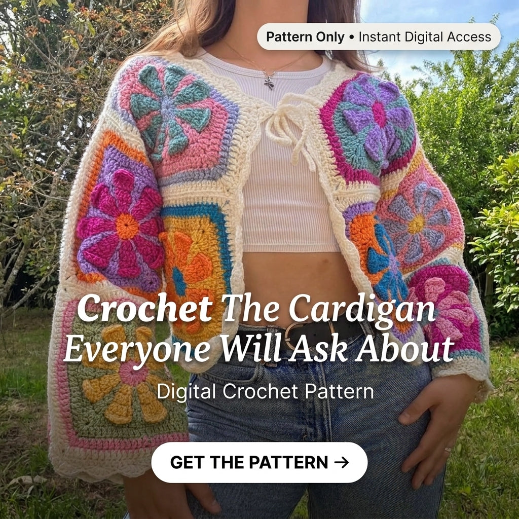 Floral Granny Square Cardigan Crochet Pattern | Cropped Patchwork Cardigan with Cream Border | Sizes XS–[XX] | PDF Instant Download