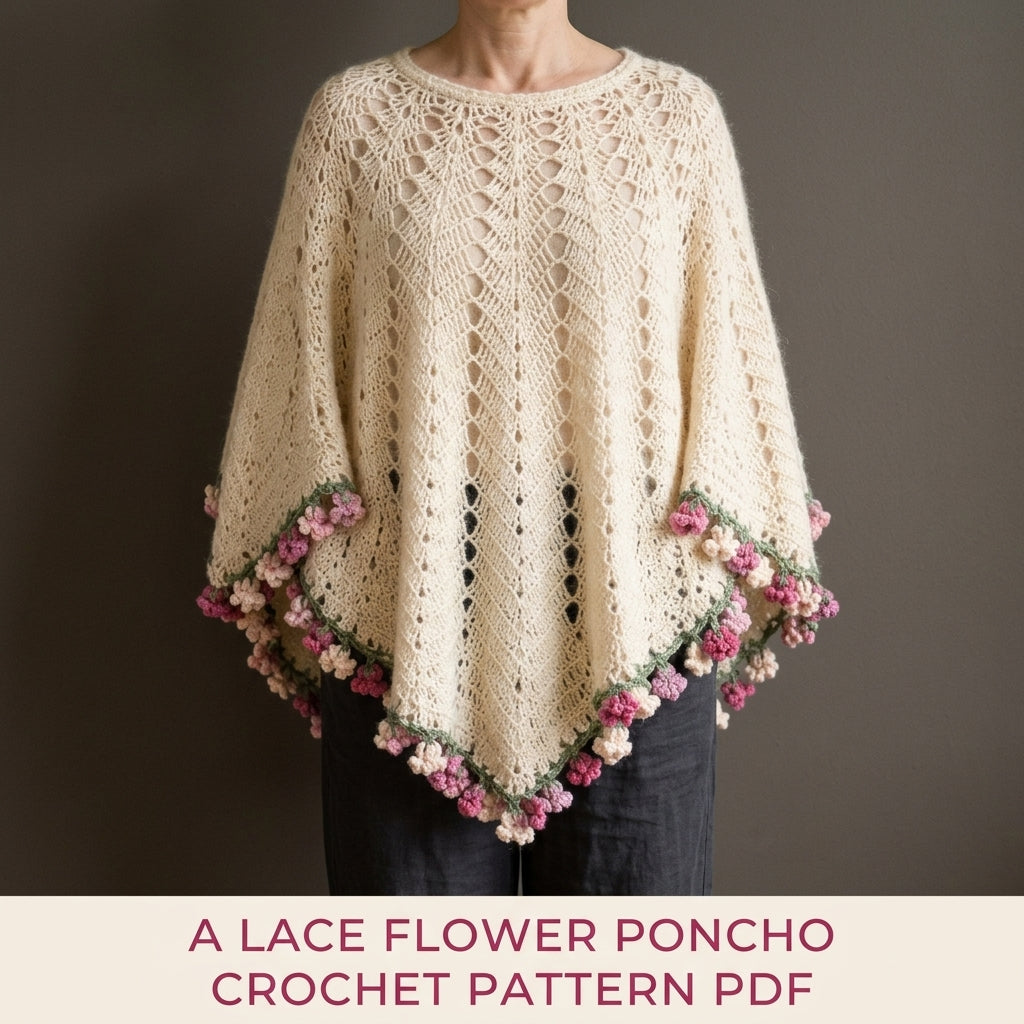 Lace Poncho with Flower Edge Crochet Pattern PDF – Romantic Lace Poncho