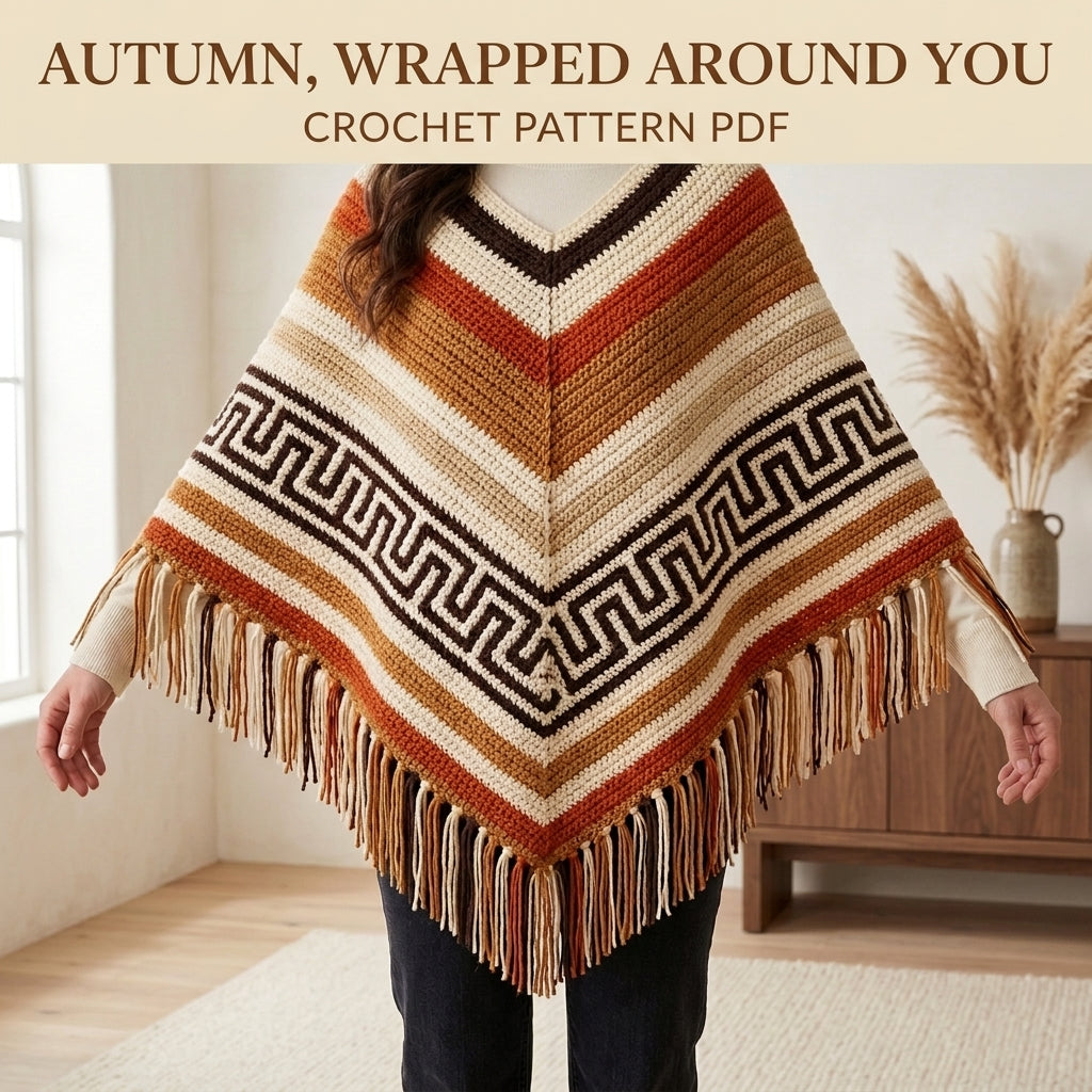 Greek Key Poncho Crochet Pattern PDF – Boho Fringe Poncho with Colourwork Band