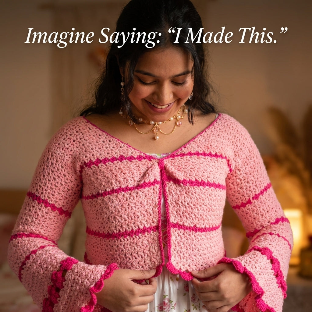 Striped Crochet Cardigan Pattern | Cropped Bolero with Flared Bell Sleeves | Picot Edging | Sizes XS–[XX] | PDF Instant Download