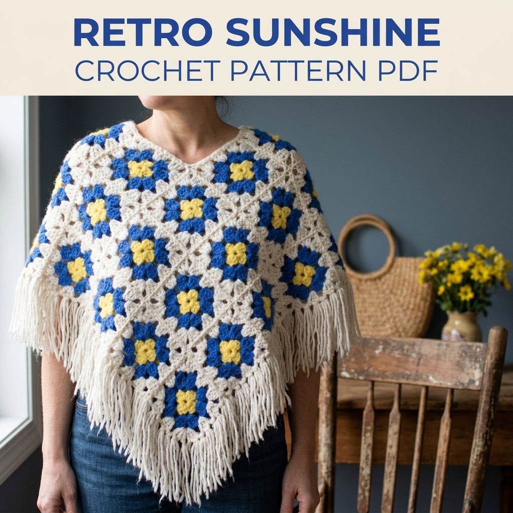 Blue and Yellow Granny Crochet Pattern PDF – Retro Flower Motif Poncho with Fringe