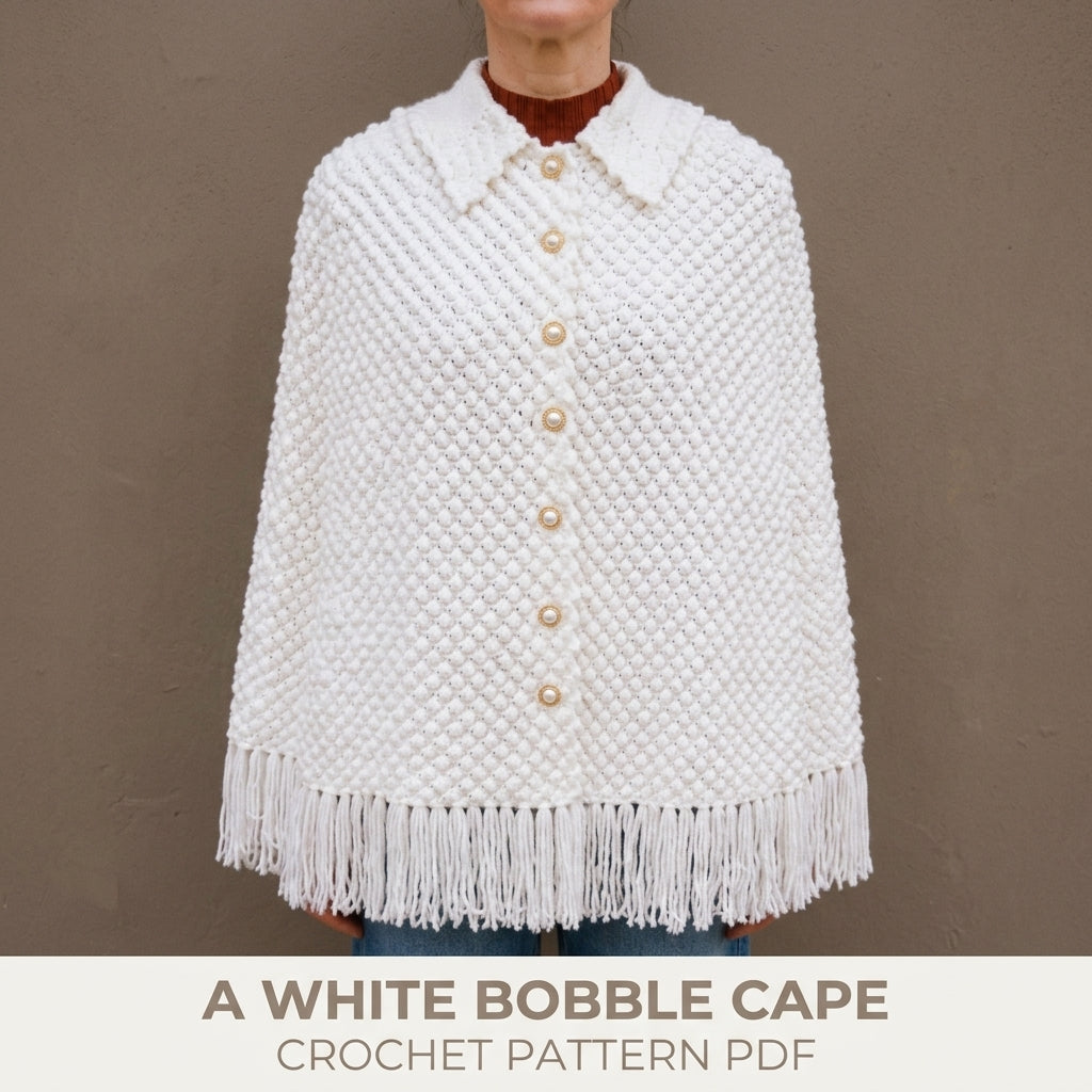 White Bobble Cape Crochet Pattern PDF – Button Front Cape with Collar and Fringe