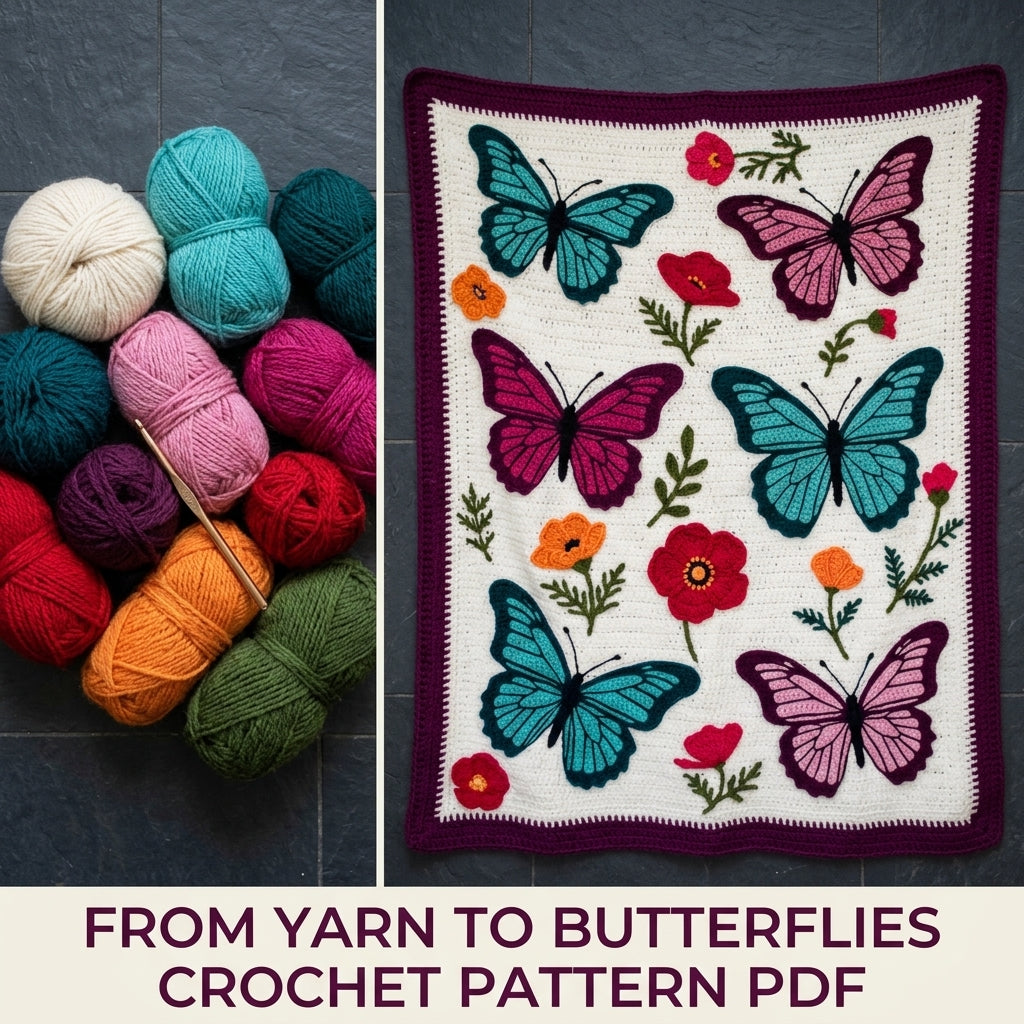 Butterfly Garden Appliqué Blanket Crochet Pattern PDF – Butterflies and Poppies Throw